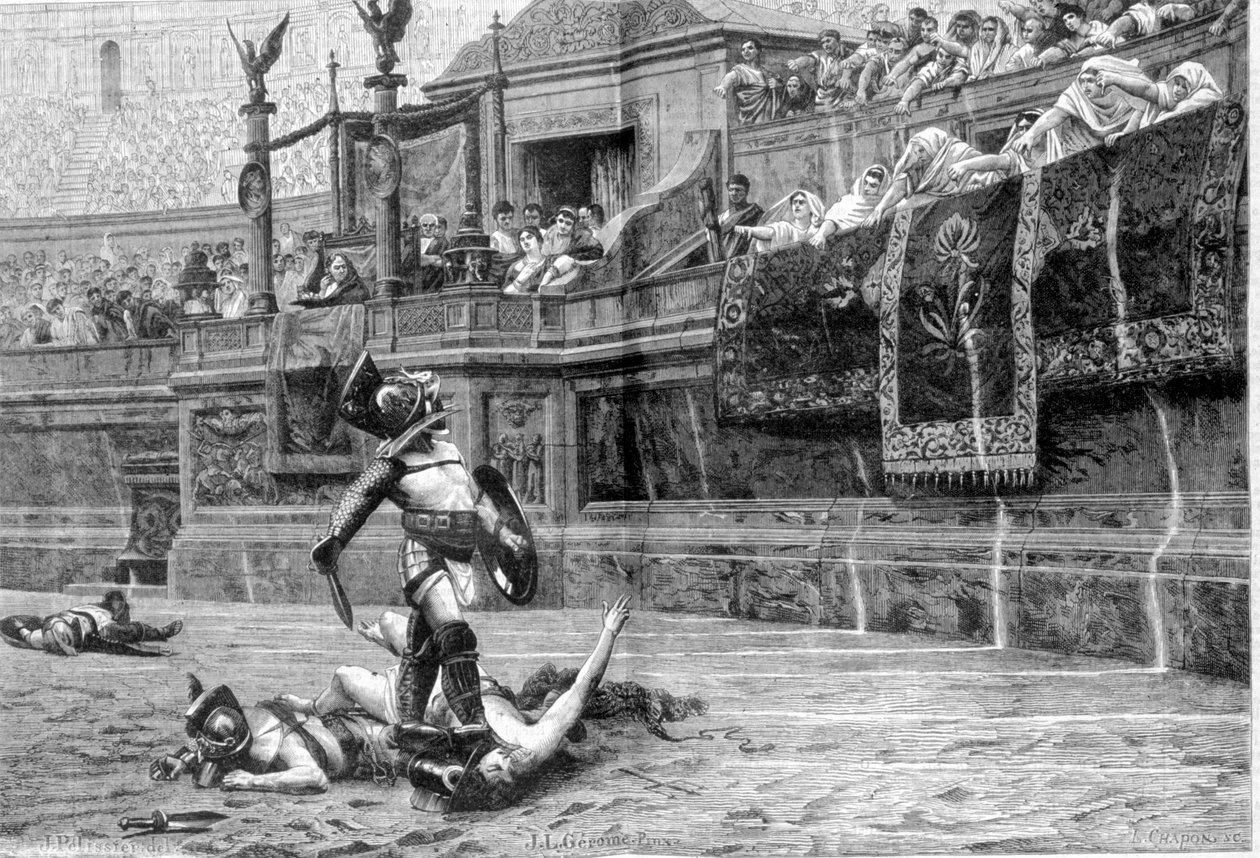 Batalla de gladiadores en tiempos romanos después de la pintura de J L Gerome de Unknown artist
