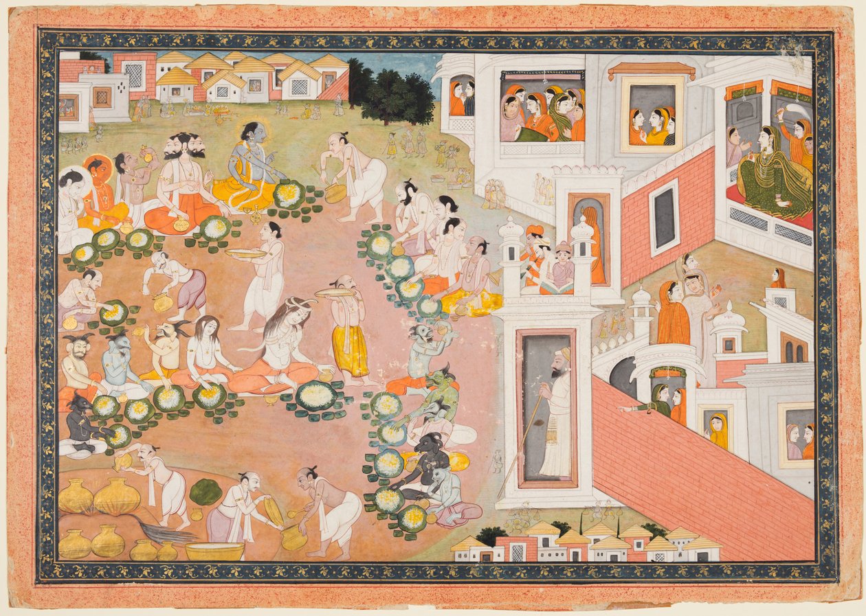 Dioses, rishis y demonios en la fiesta del nacimiento de Rama, de un Ramayana de Unknown artist