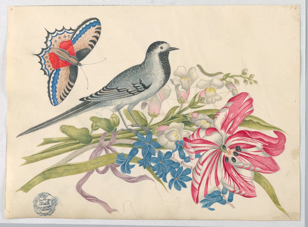 Pájaro gris en rama con tulipán, dragones y nomeolvides con mariposa de Unknown artist