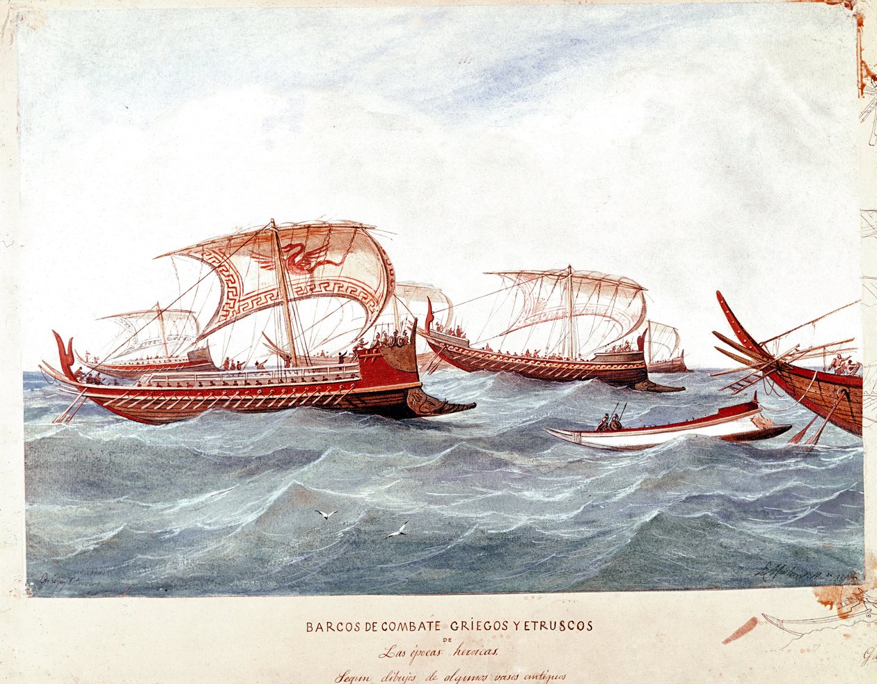 Buques de guerra griegos y etruscos (Acuarela) de Unknown artist