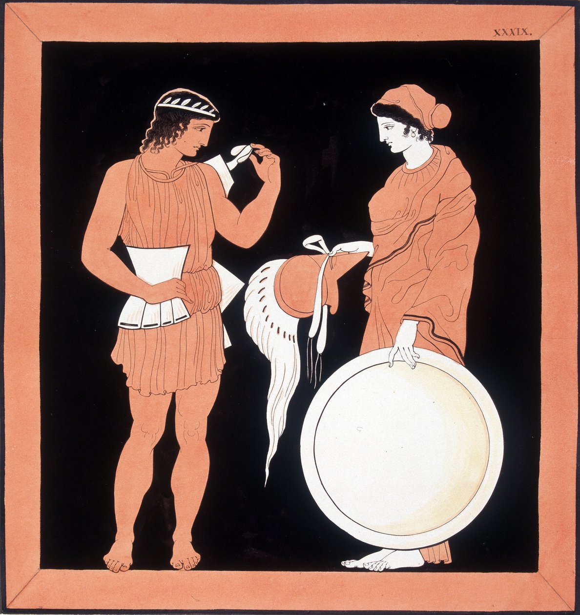 Mitología griega: Andrómaca presenta las armas a su esposo. de Unknown artist