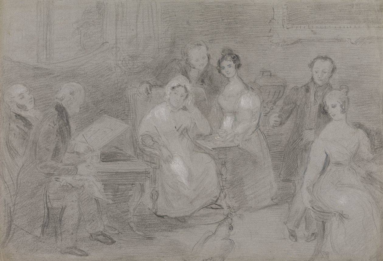 Grupo de figuras, con un hombre pintando con acuarelas y una chica repartiendo tazas de té de Unknown artist
