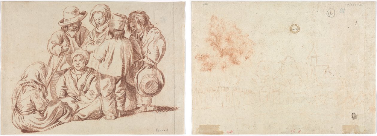 Grupo de seis niños (recto); Boceto de un pueblo (verso) de Unknown artist