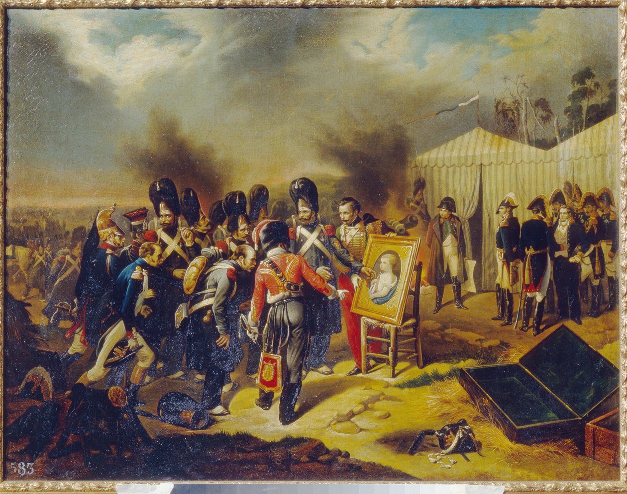 Guerras Napoleónicas, Campaña Rusa (1812): La Guardia Real de Napoleón I admira el retrato del hijo del Emperador, Napoleón II Duque de Reichstadt y Rey de Roma (1811-1832), apodado Aiglon - El Emperador observa la escena de pie frente a su tienda de Unknown artist