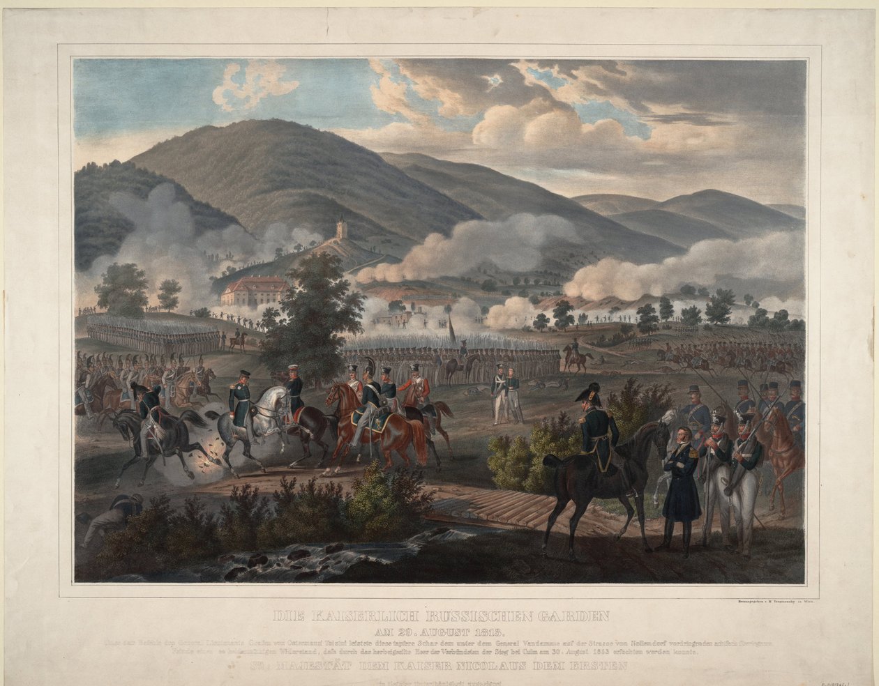Guerras napoleónicas: la batalla de Kulm (actual Chlumec) en Bohemia (República Checa) el 30/08/1813 - Regimiento de la Guardia de Vida Rusa en la Batalla de Kulm el 29 de agosto de 1813 - Anónimo - ca 1813 - Litografía en color de Unknown artist