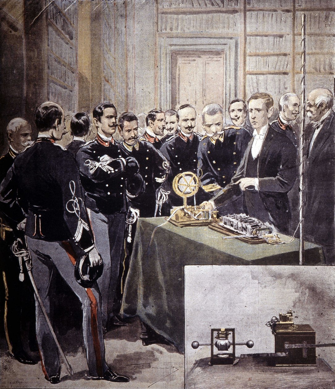 Guglielmo Marconi presentó el telégrafo inalámbrico (TSF) en una conferencia en el Ministerio de la Marina en 1897. de Unknown artist