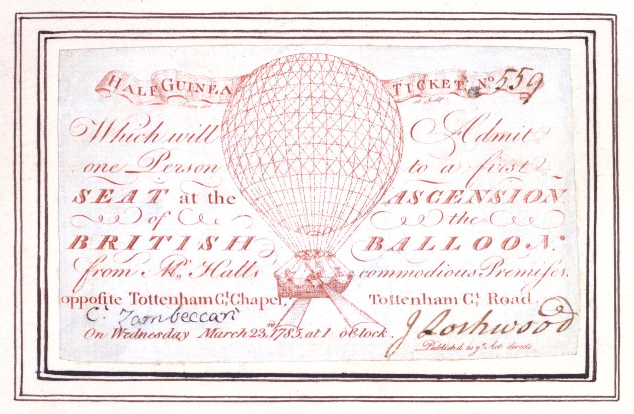 Boleto de media guinea para ascenso en globo en Tottenham Court Road, Londres, 23 de marzo de 1785 de Unknown artist