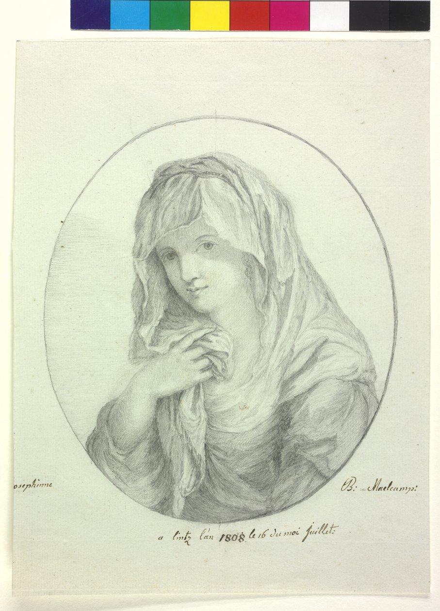 Medio cuerpo de mujer joven con sábana alrededor de la cabeza Dama con velo virgen vestal de Unknown artist