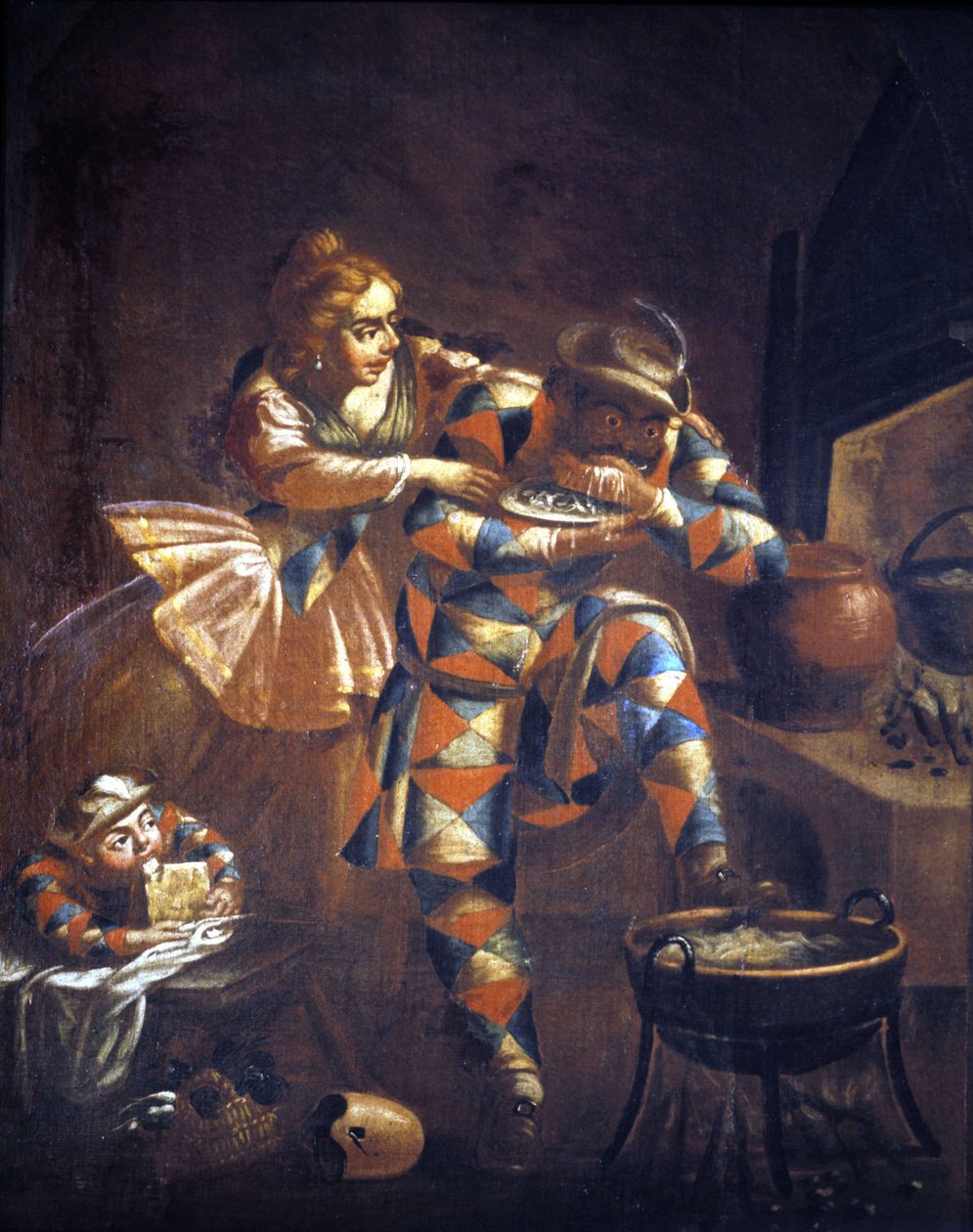 Arlequín glotón. Siempre intenta atrapar algo para comer, símbolo de la miseria de siglos pasados. Pintura del siglo XVIII. Milán de Unknown artist