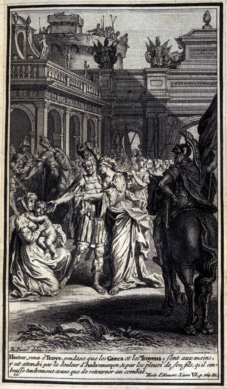 Héctor, que llegó a Troya mientras los griegos y los troyanos estaban en sus manos, fue afligido por el dolor de Andrómaca, y por el llanto de su hijo, a quien besó tiernamente antes de regresar a la batalla. Ilustración del libro VI de la Ilíada de Homero de Unknown artist