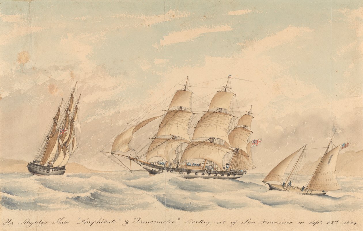 Los buques de Su Majestad "Amphitrite" y "Trincomalee" zarpan de San Francisco el 23 de septiembre de 1854 de Unknown artist