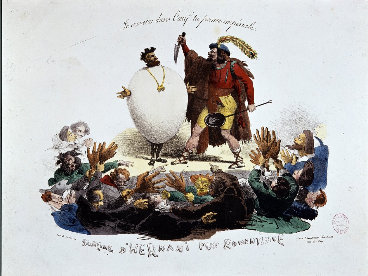 El sublime, plato romántico de Hernani - caricatura sobre la obra de Victor Hugo "Hernani" ("La Batalla de Hernani"), litografía anónima de Unknown artist