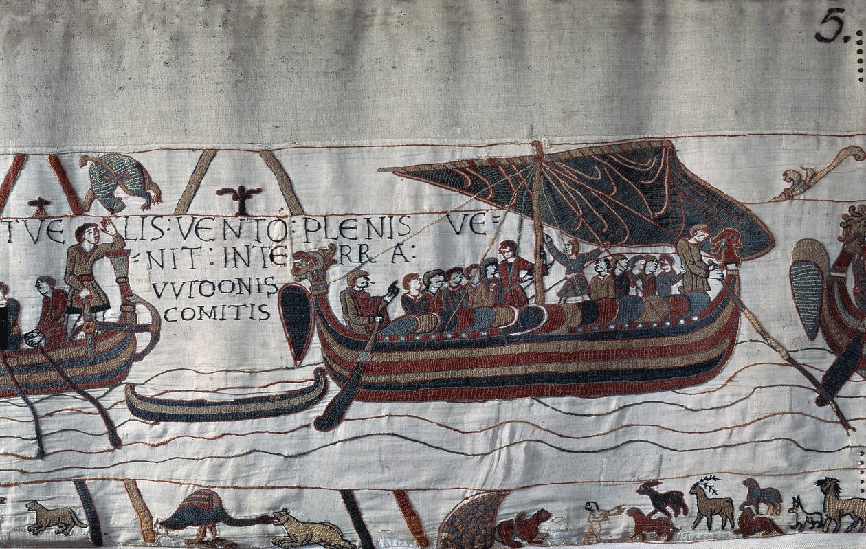 Desviado por la tormenta, el barco de Harold II (1022 - 1066) encalló en la costa de Ponthieu - Tapiz de Bayeux, conocido como Bordado de la Reina Matilde de Unknown artist