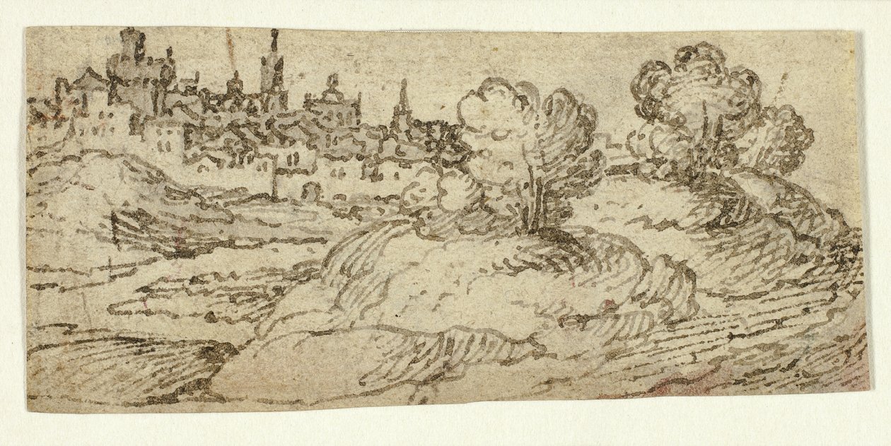 Pueblo en la colina con árboles en primer plano de Unknown artist