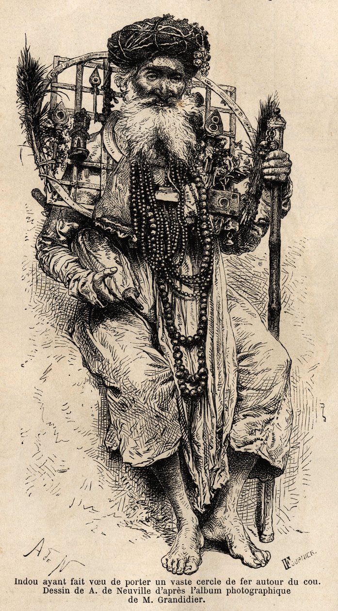 Hindú prometido a llevar un gran círculo de hierro alrededor de su cuello. Grabado para ilustrar el viaje en las provincias meridionales de la India, por Alfred Grandidier, en 1862-1864, publicado en “Le tour du monde, nouveau journal des voyages”, bajo la de Unknown artist