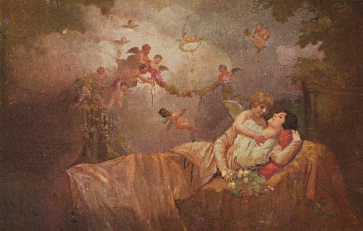 Tarjeta de felicitación histórica con ángeles para dar suerte a una mujer, kitsch-romántica de Unknown artist
