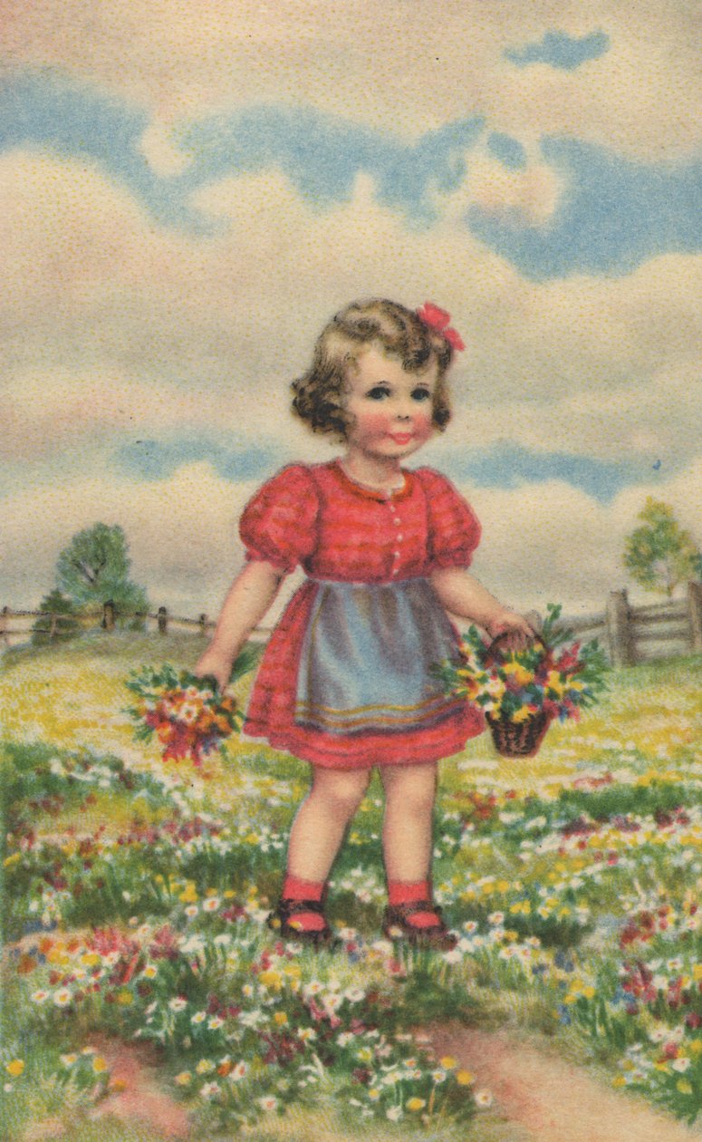 Tarjeta postal histórica con una niña feliz en la pradera, tarjeta de felicitación de Unknown artist
