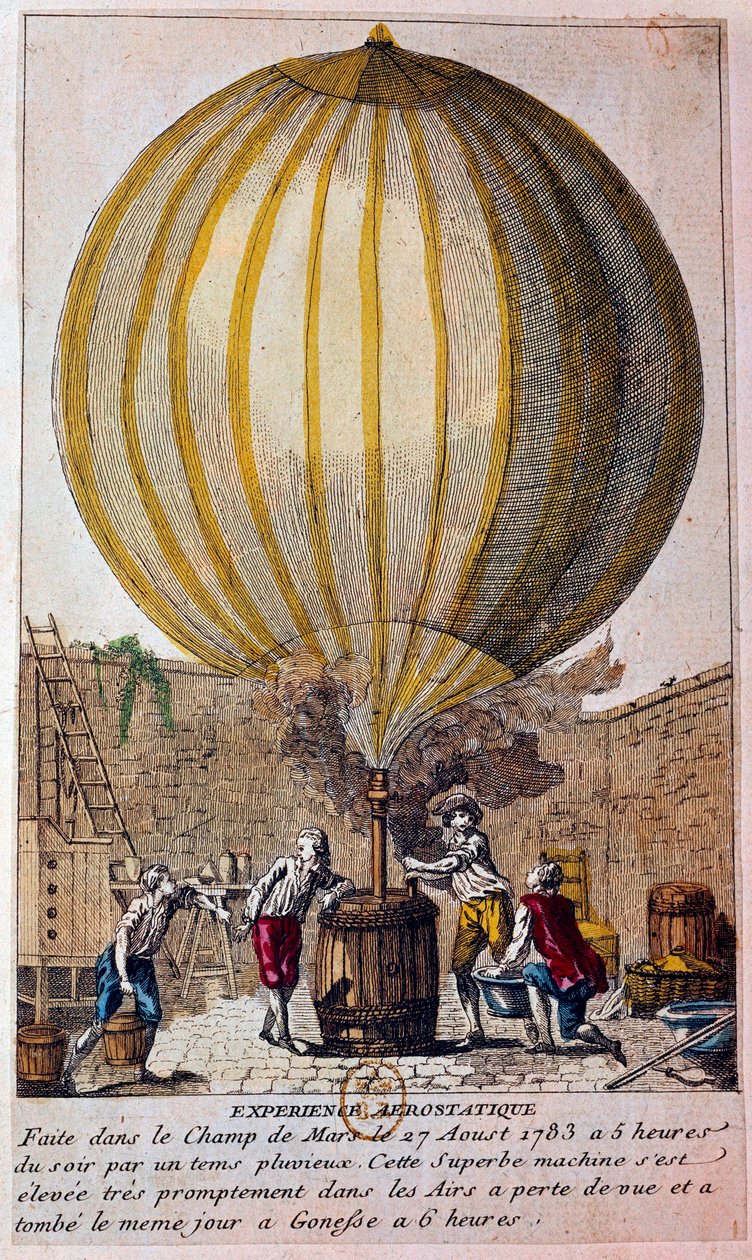 Historia de los globos: experiencia aerostática realizada en el Campo de Marte en París el 27/08/1783: el globo está lleno de gas hidrogenado por Jacques Charles de Unknown artist