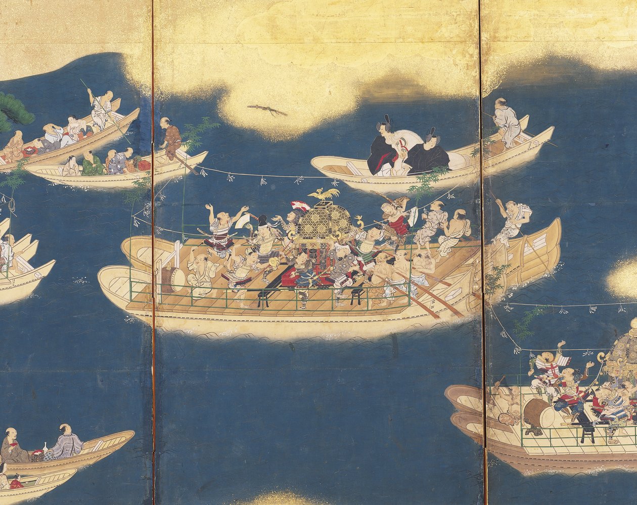 Hiyoshi-Sann? Festival (tinta, color y pan de oro sobre papel, pantalla de seis paneles) de Unknown artist