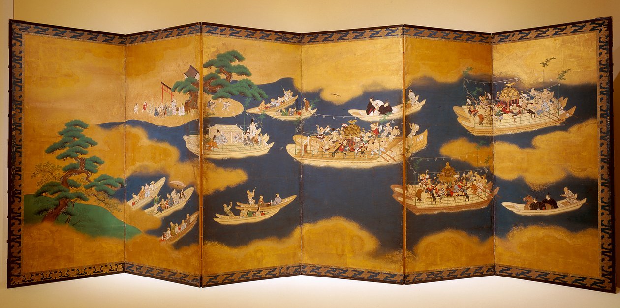 Hiyoshi-Sann? Festival (tinta, color y pan de oro sobre papel, pantalla de seis paneles) de Unknown artist