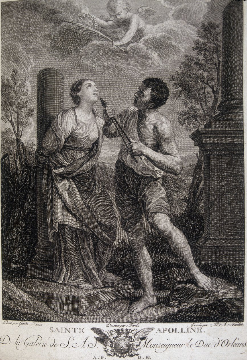 Santa Apolonia durante las persecuciones le rompen los dientes porque se negó a rendir homenaje a los dioses romanos. Grabado del siglo XVII. de Unknown artist