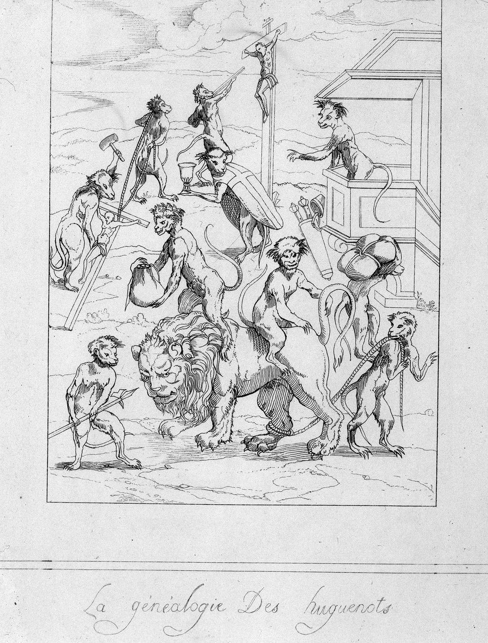 Genealogía hugonote: caricatura de protestantes en monos de Unknown artist