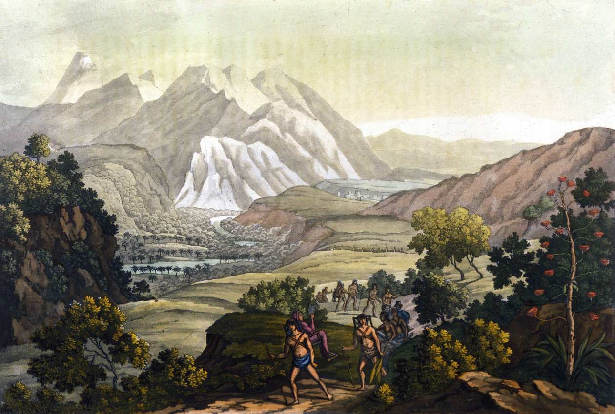 Humboldt y Bonpland cruzan la montaña de Quindiu en sillas de transporte. Del viaje a los Andes de Alexander Von Humboldt de Unknown artist