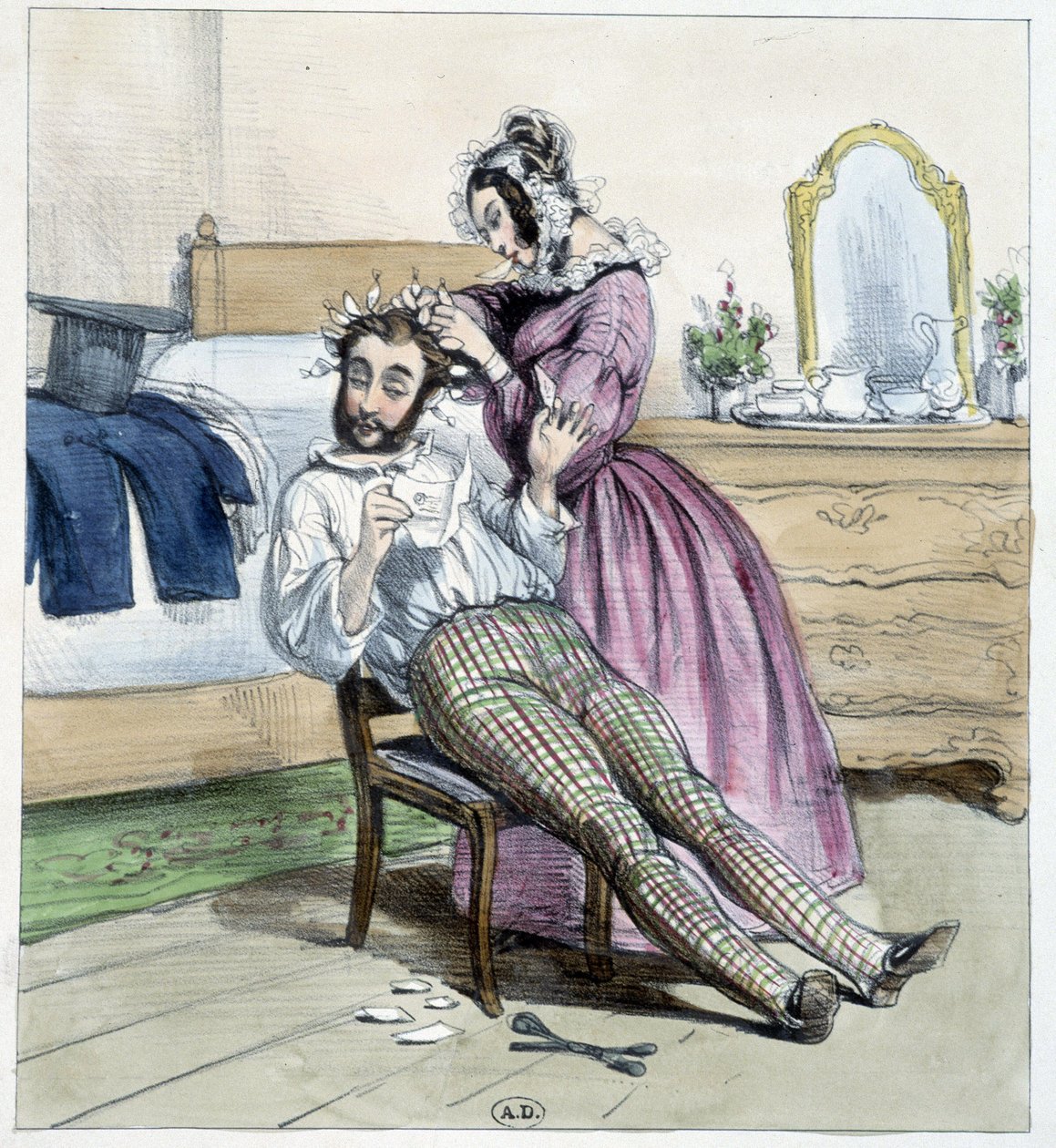 Dibujo humorístico sobre la infidelidad de un dandi con la carta de su prometida de Unknown artist