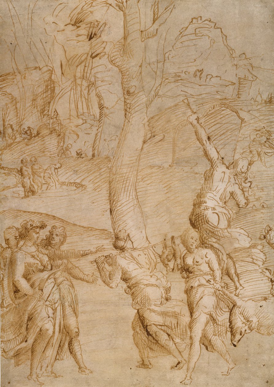 Escena de caza (anverso); dos estudios de una pareja de dioses del río reclinados (¿), frente de un sarcófago (¿) (reverso) de Unknown artist
