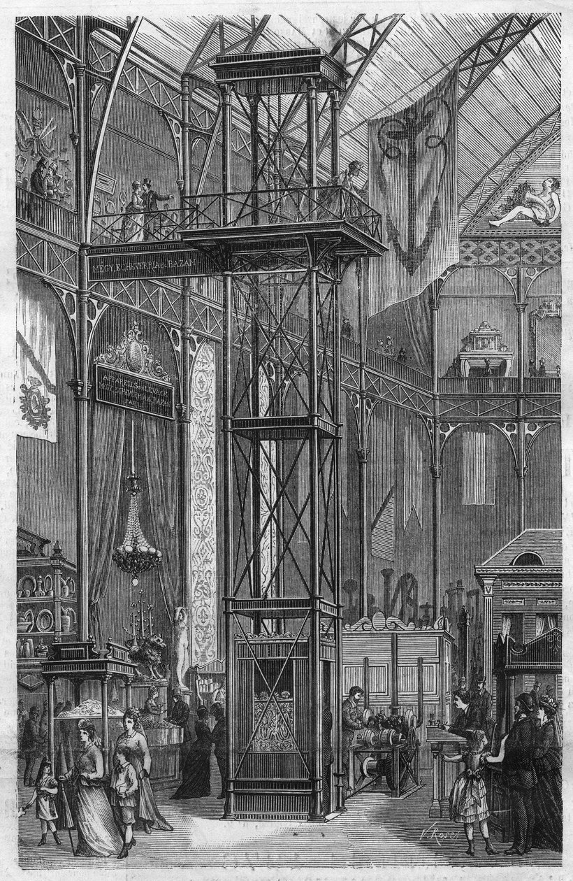 Elevador hidráulico inventado por Megy Echeverria y Bazan y exhibido en la Exposición Internacional de Industrias Fluviales y Marítimas en el Palais de l