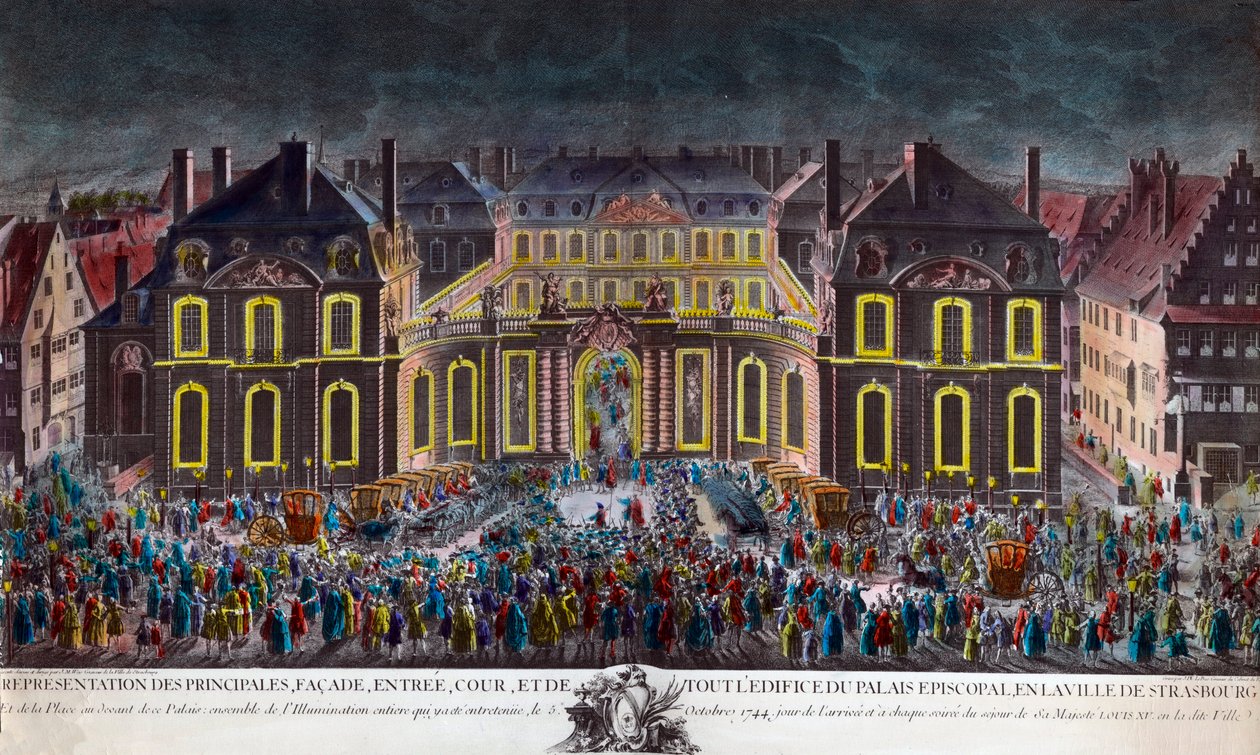 Iluminaciones del palacio episcopal de la ciudad de Estrasburgo durante las celebraciones dadas por la ciudad durante la estancia del Rey Luis XV (1710-1774) en convalecencia tras una grave enfermedad el 5/10/1744. Estampa de época Colección privada de Unknown artist