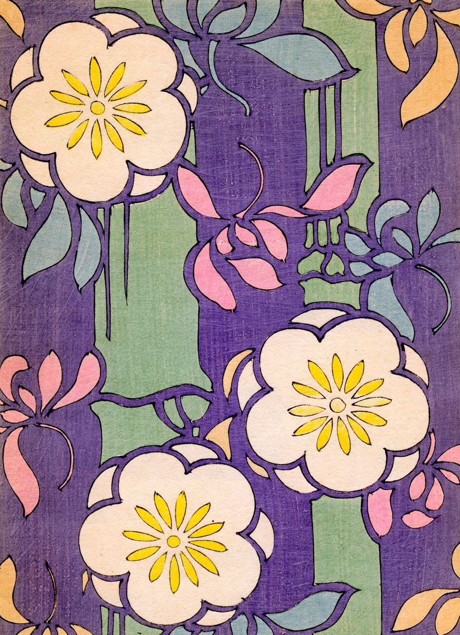 Ilustración de Flores en Flor sobre un Fondo Lavanda y Verde de Unknown artist