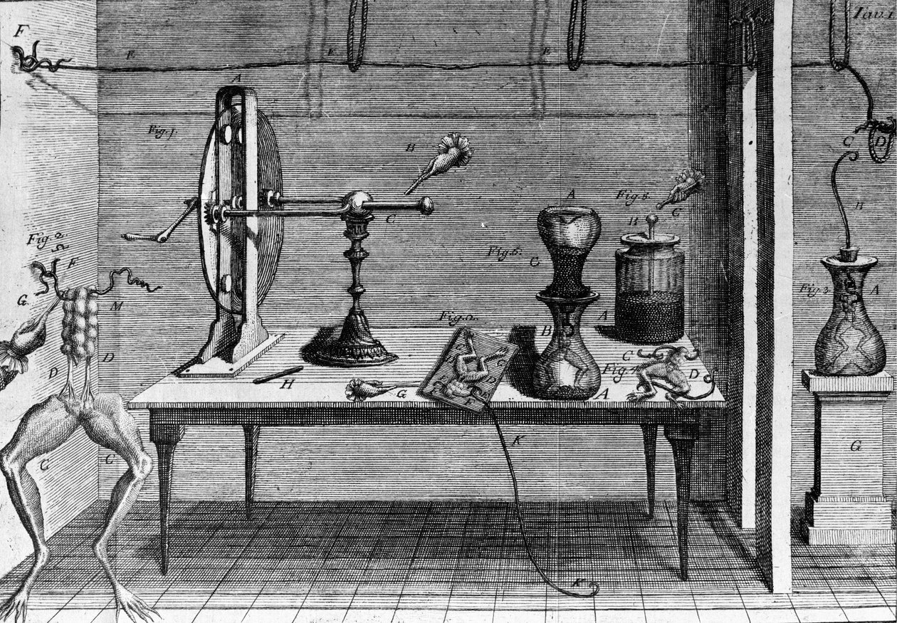 Ilustración de experimentos de Luigi Galvani, físico y médico italiano (1737 - 1798) explicando el paso de corriente eléctrica moviendo las patas de una rana. de Unknown artist