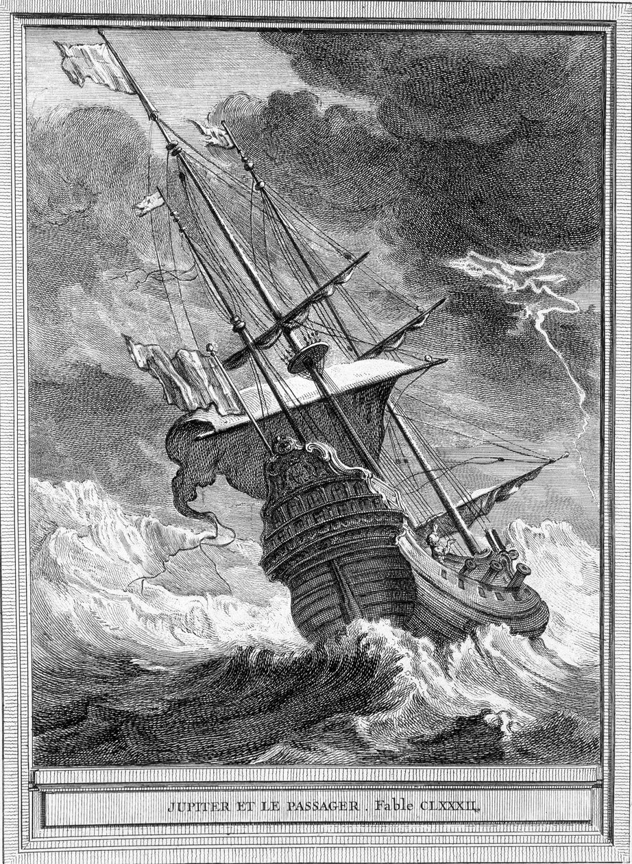 Ilustración de la fábula “Júpiter y el pasajero” de Jean de La Fontaine de Unknown artist