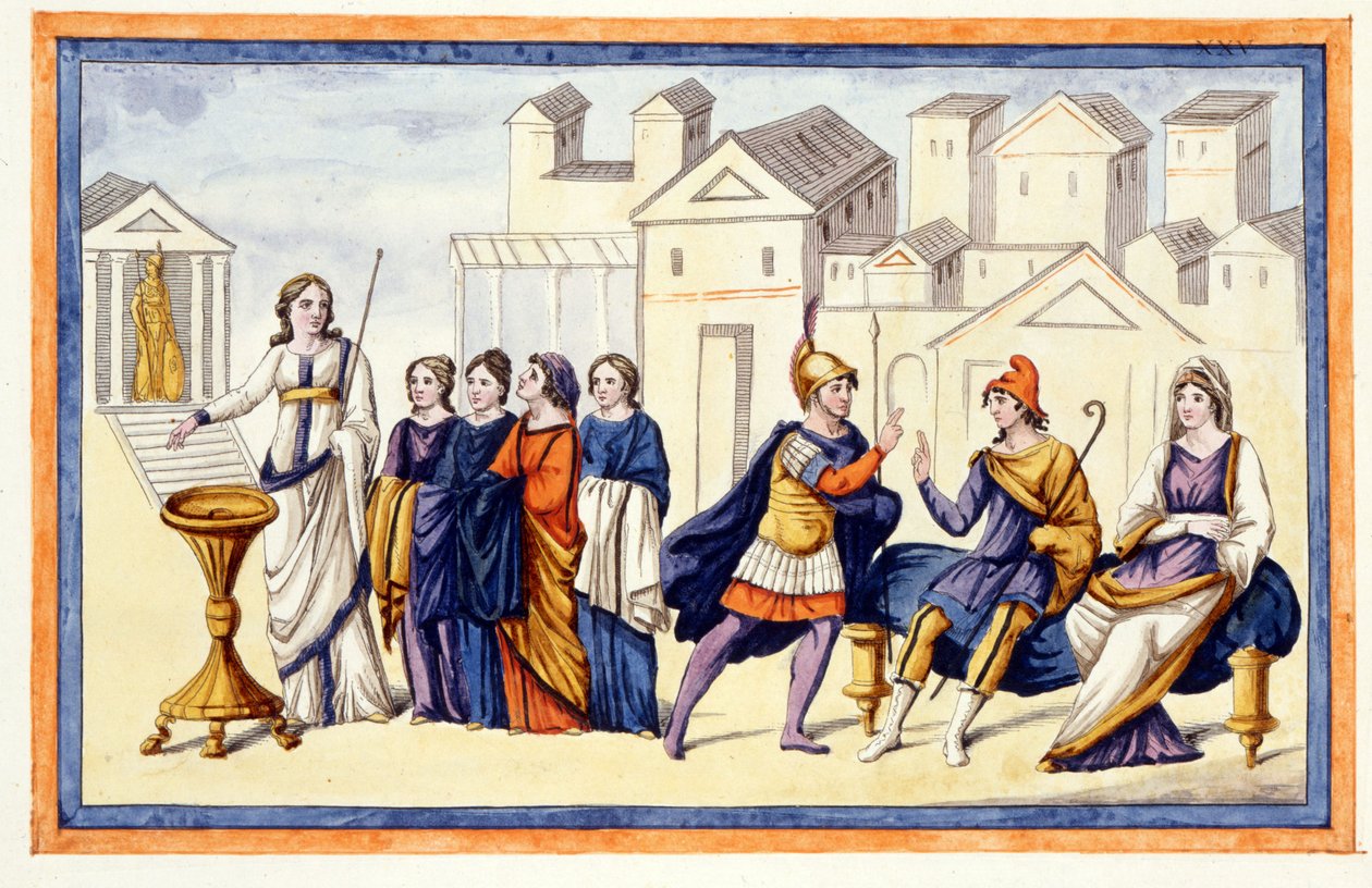 En Troya, las mujeres ruegan a Atenea mientras Héctor se despide de su esposa Andrómaca. La Ilíada, canto VI, grabado de finales del siglo XVIII de Unknown artist