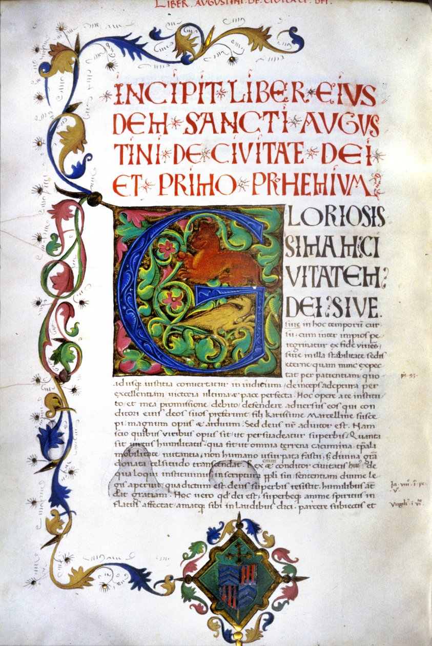 Incipit del manuscrito de “De civitate dei” de San Agustín. Manuscrito del siglo XV. Milán, Bibl, Trivulziana de Unknown artist