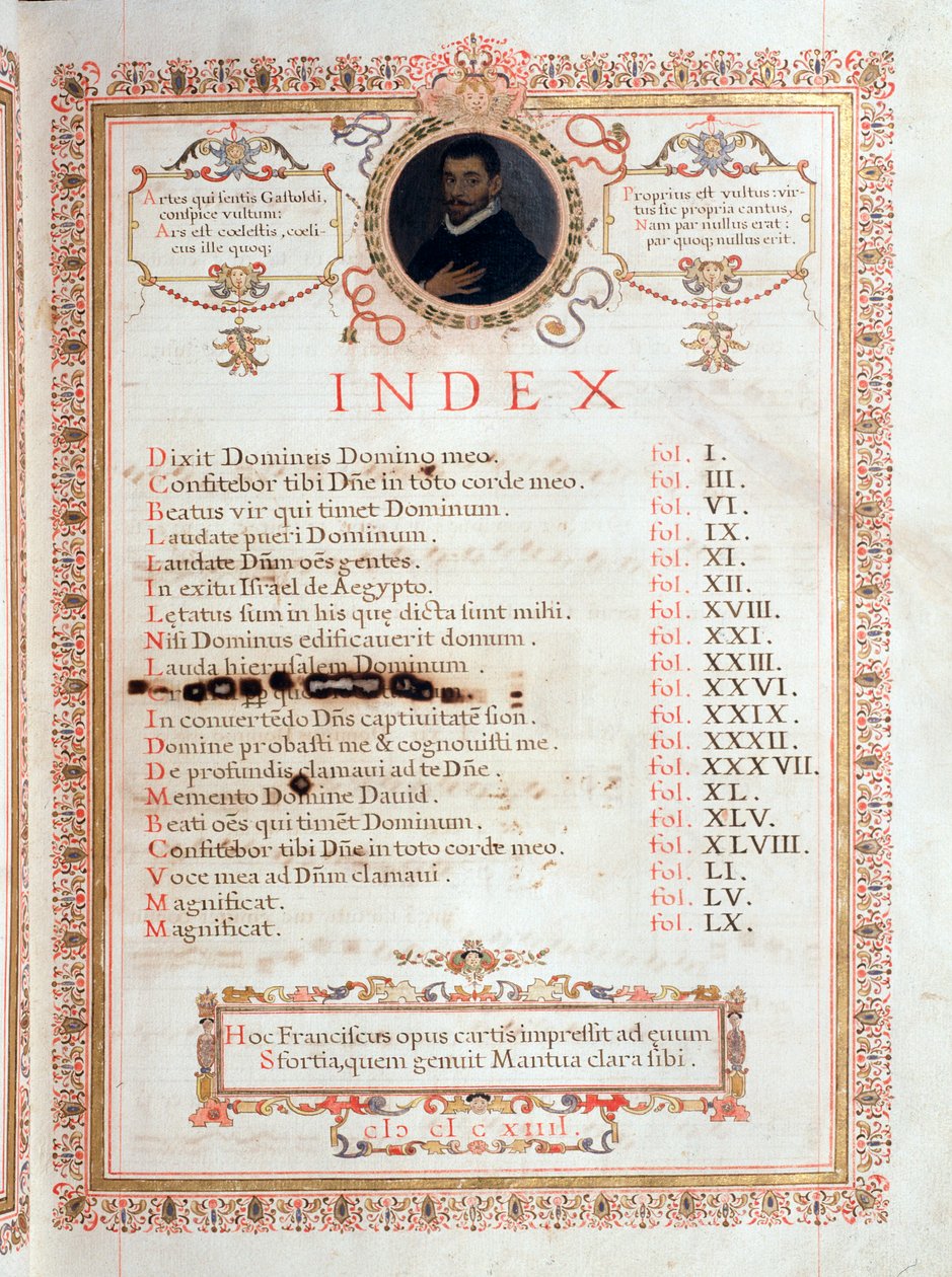 Página de índice con retrato de Giovanni Giacomo Gastoldi de Unknown artist