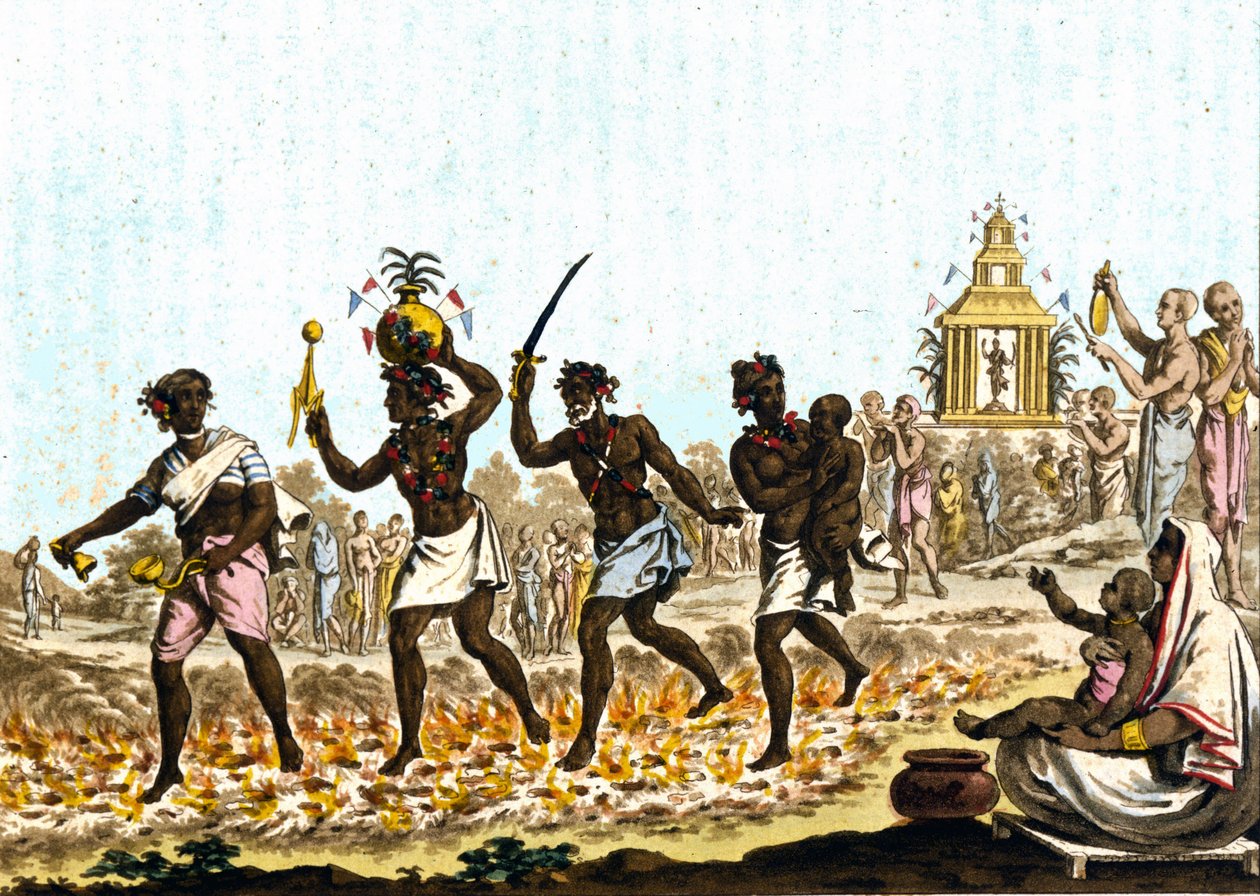 India. Fakires caminando sobre carbones incandescentes. Grabado del siglo XIX de Unknown artist