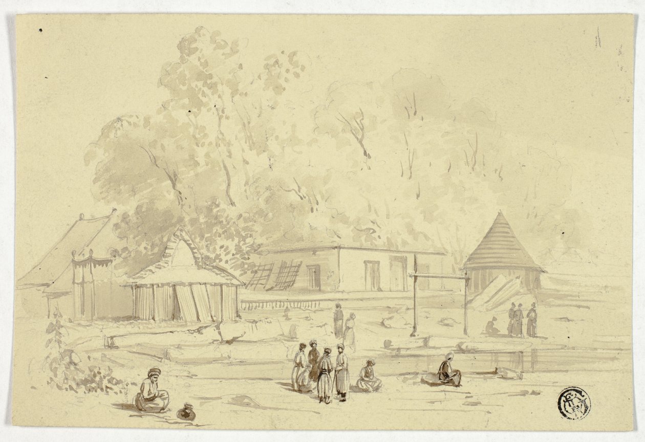 Pueblo indio junto a un arroyo de Unknown artist