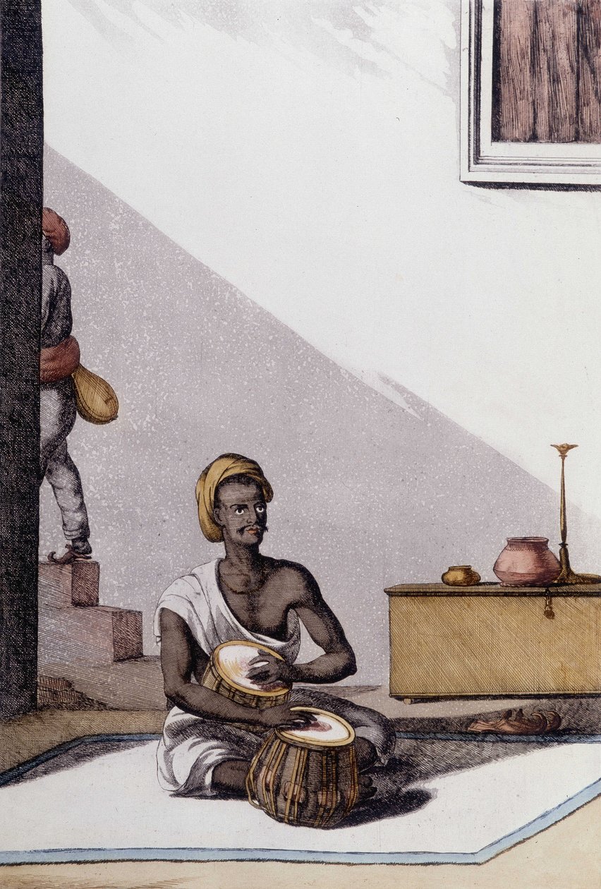 Cultura y civilización india: músico tocando tablas, instrumento musical tradicional, India. Grabado de 1808. de Unknown artist