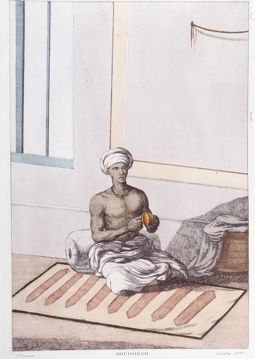 Cultura, civilización y sociedad india: músico con percusión tradicional india. Grabado de 1808. de Unknown artist