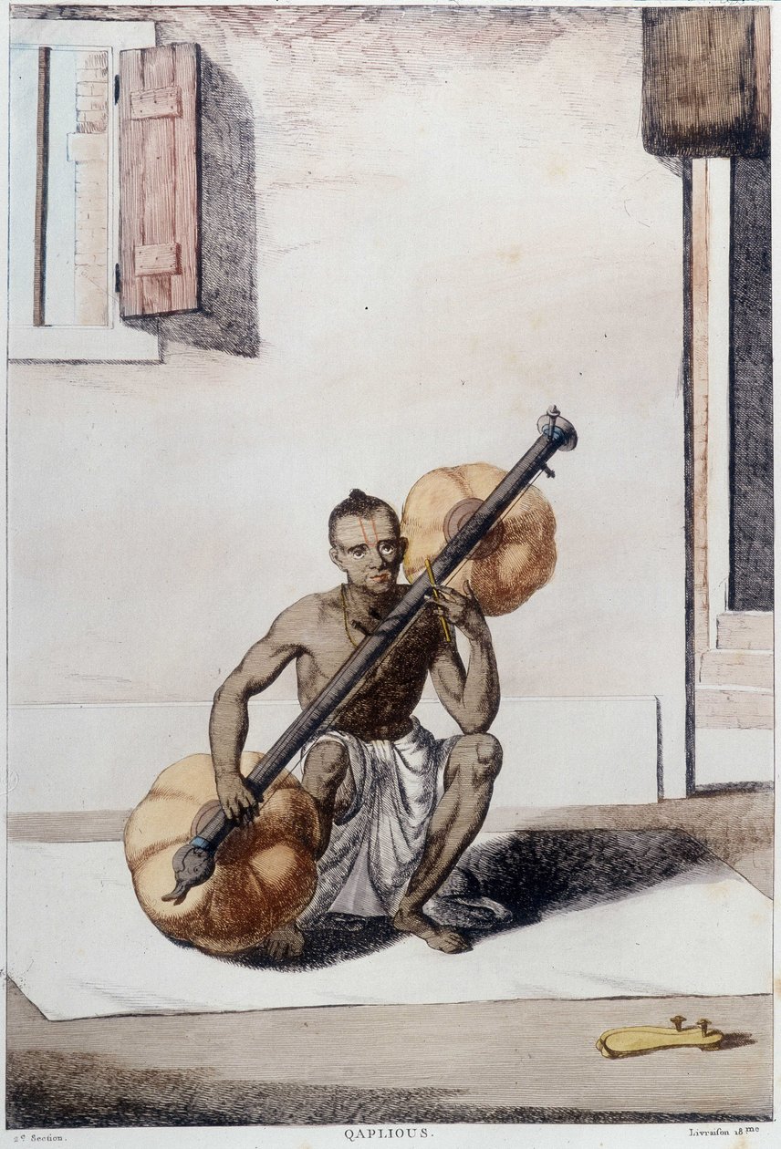 Cultura, civilización y sociedad india: músico con instrumento de cuerda tradicional indio. Grabado de 1808. de Unknown artist
