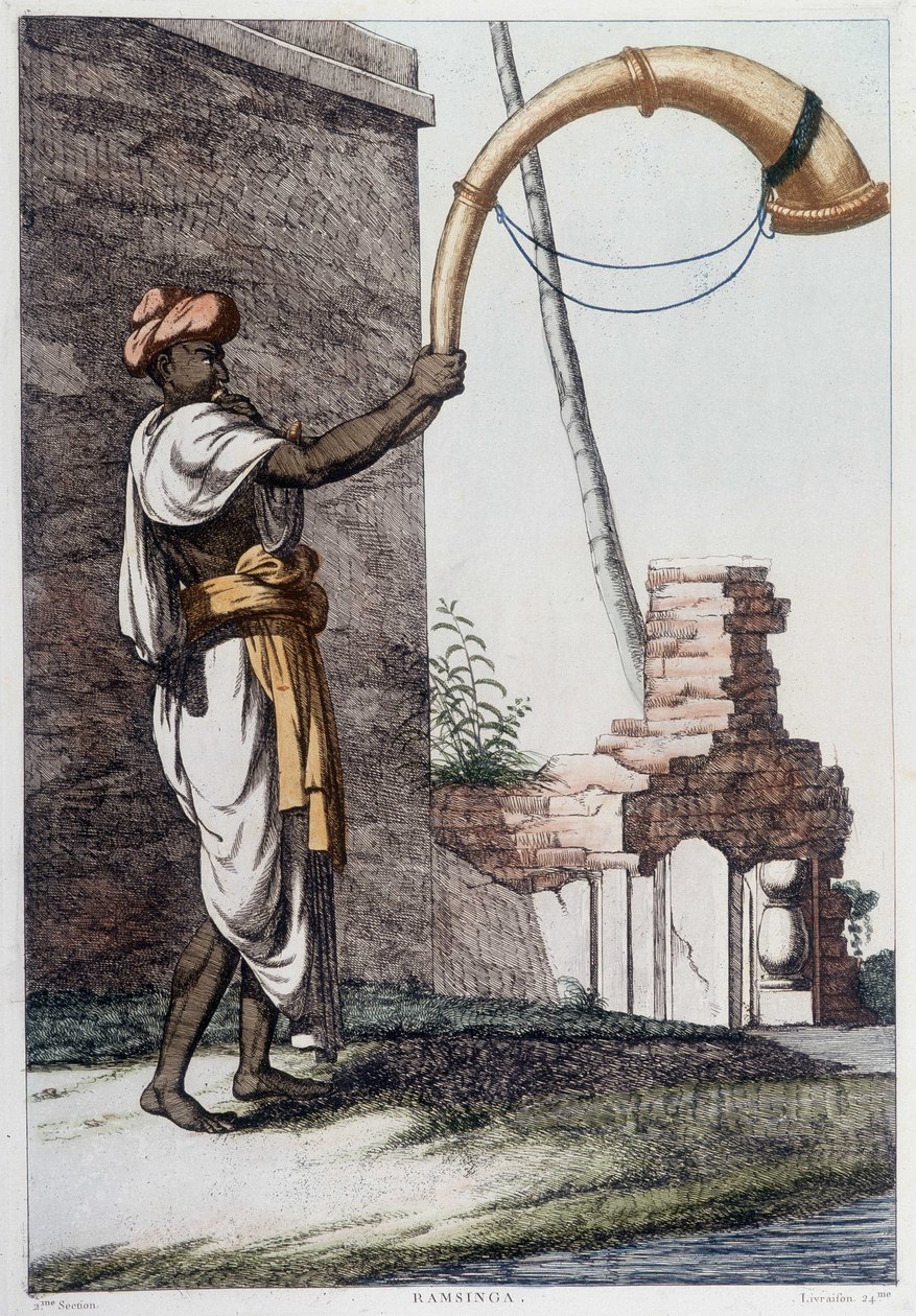 Cultura, civilización y sociedad india: músico con instrumento de viento tradicional indio (Sournae). Grabado de 1808. de Unknown artist