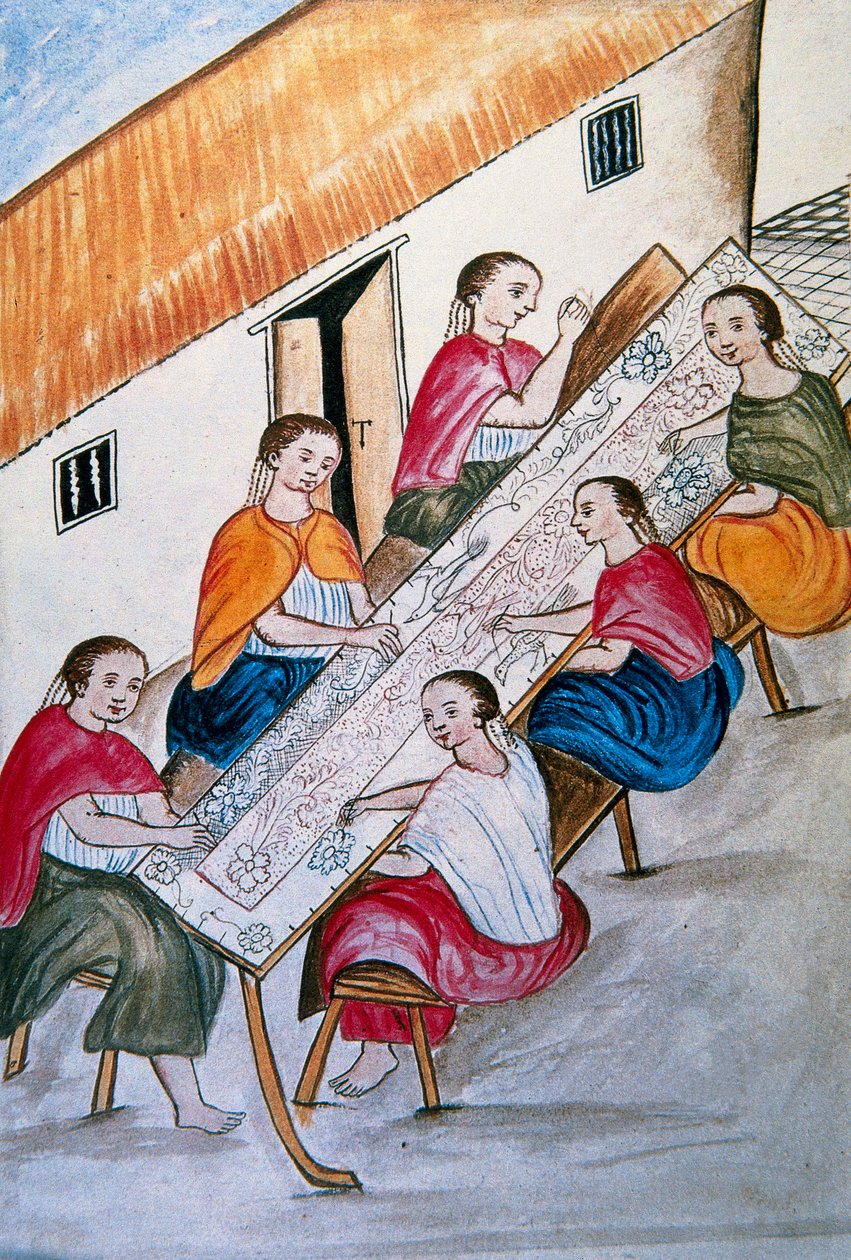 Trabajadores indios cosiendo, del libro "Trujillo del Perú" o "Códice Martínez Compañón", por Baltazar Martínez Compañón y Bujanda, obispo de Trujillo (1782-1785) de Unknown artist