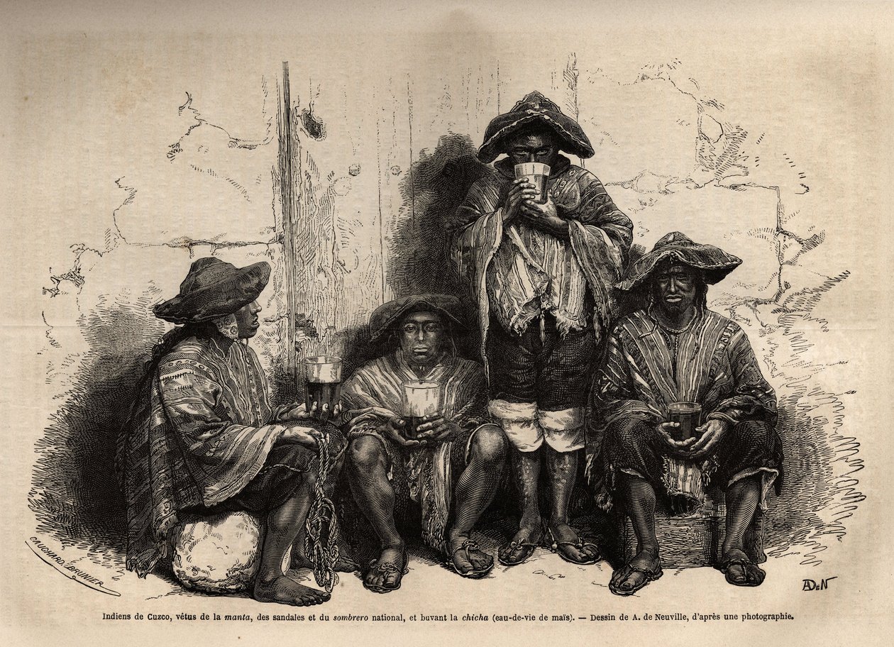Indios de Cuzco (Perú), vestidos con manta, sandalias y sombrero tradicional, empleados como mano de obra para la explotación de depósitos de guano en las Islas Chincha, bebiendo chicha, un aguardiente fermentado. Grabado para ilustrar Les iles Chincha, r de Unknown artist