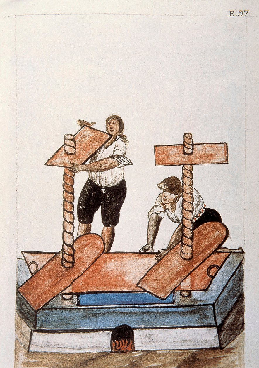 Indios planchando lino, del libro "Trujillo del Perú" o "Códice Martínez Compañón", por Baltazar Martínez Compañón y Bujanda, obispo de Trujillo (1782-1785) de Unknown artist