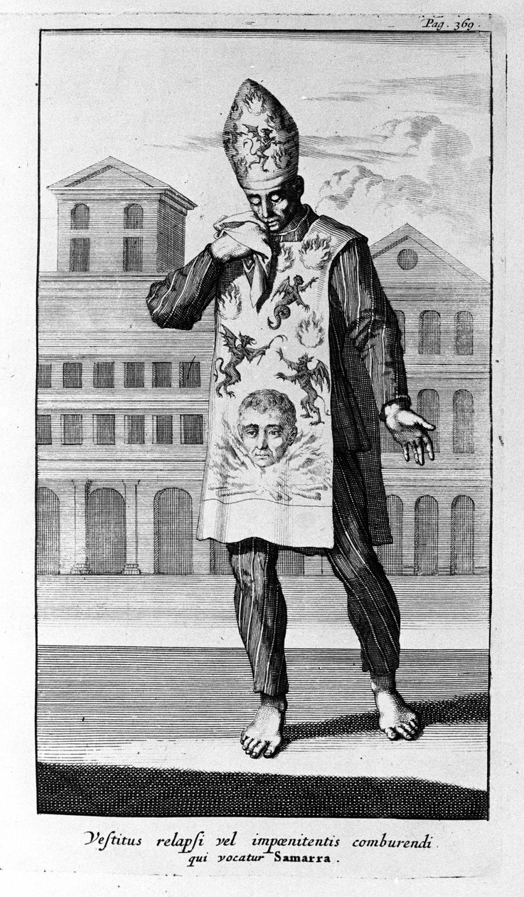 Inquisición. La vestimenta de Samarra que usaban los penitentes. Grabado de la Historia de la Inquisición, Ámsterdam 1692 de Unknown artist
