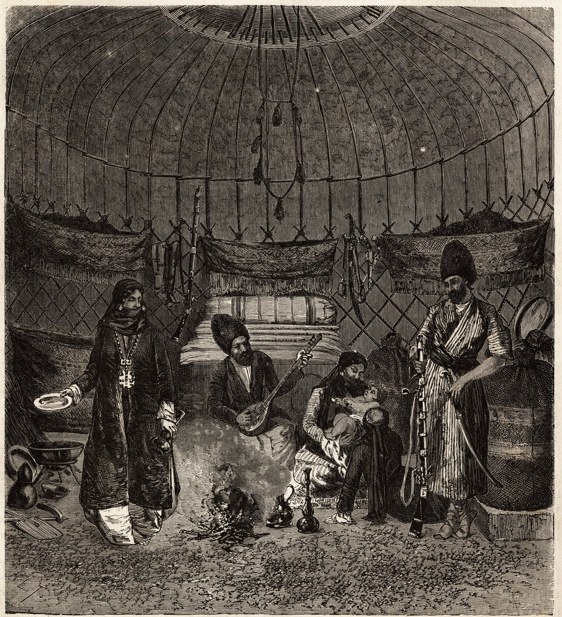 Dentro de una tienda turca (Turkmena, Irak), hogar de una familia, con un barhchi (músico, narrador) acompañado por el dutare para cantar o recitar poesía, estos artistas son muy apreciados. Grabado para ilustrar la historia de Henri de Blocqueville “14 me de Unknown artist