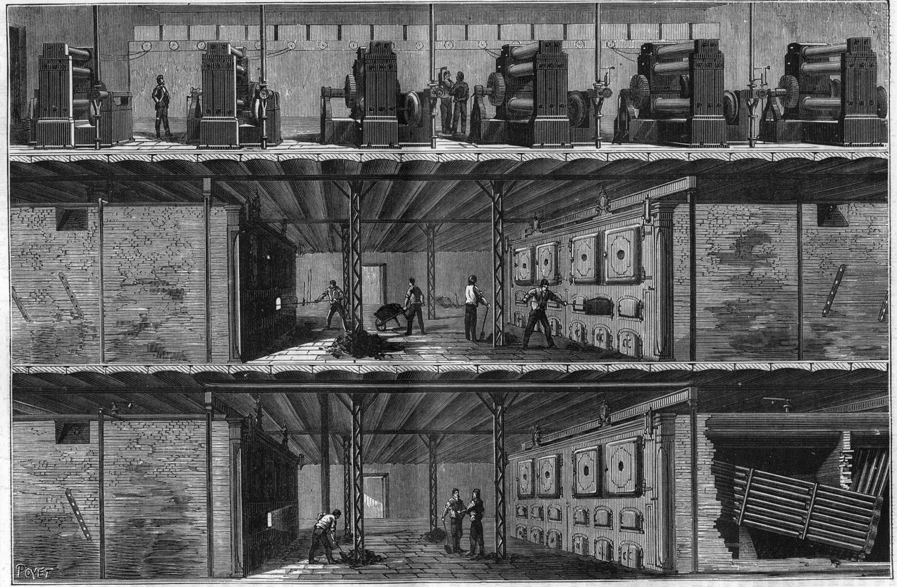 Instalación de calderas y dinamos de vapor en la Central de Distribución Eléctrica (Sistema Edison) en Nueva York en 1884. de Unknown artist