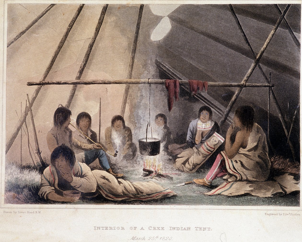 Interior de una tienda de indios de América - en "Narrative of a Journey to the Shores of the Polar Sea in the Years 1819-1821" de John Franklin, ed. Londres de Unknown artist